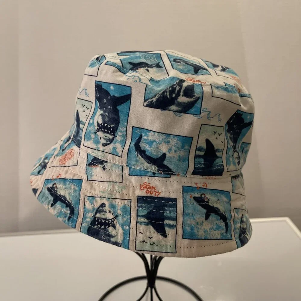 Boys Reversible Shark All Over Print Bucket Hat In Blue White Good Vibes Lookout